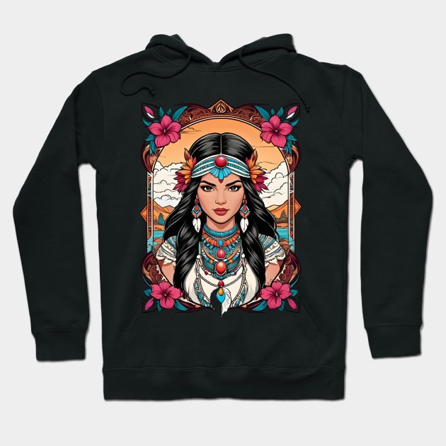 Pocahontas native American tribal retro vintage floral design Hoodie by Neon City Bazaar